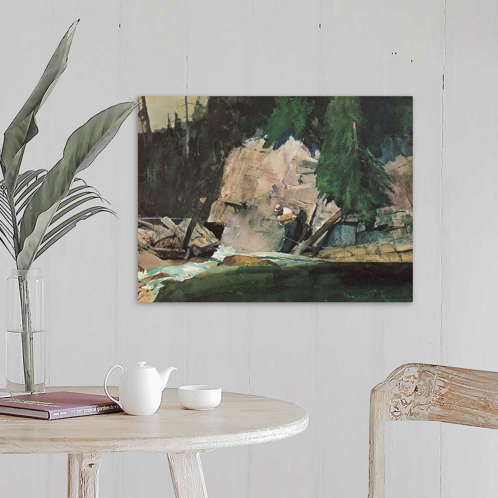 A farmhouse room featuring Contemporary watercolor painting of a man fishing in a river in the wilderness.