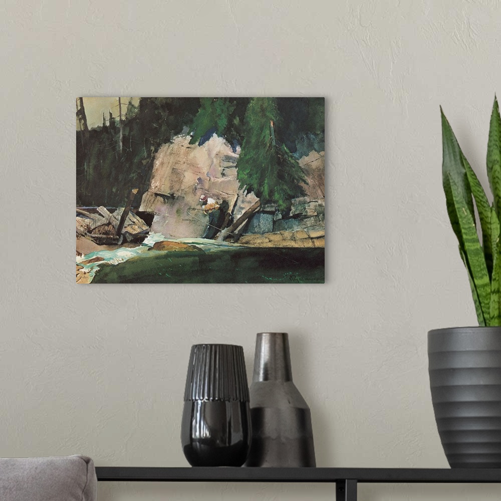 A modern room featuring Contemporary watercolor painting of a man fishing in a river in the wilderness.