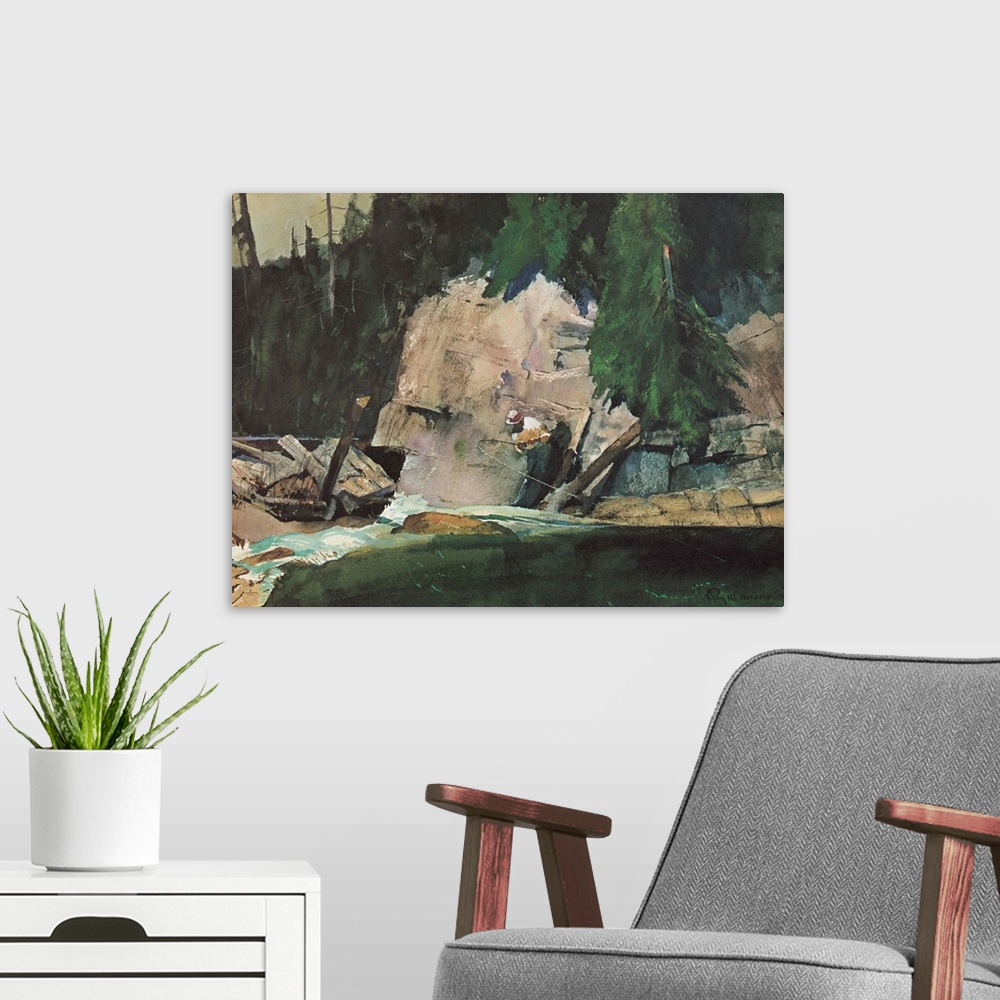 A modern room featuring Contemporary watercolor painting of a man fishing in a river in the wilderness.