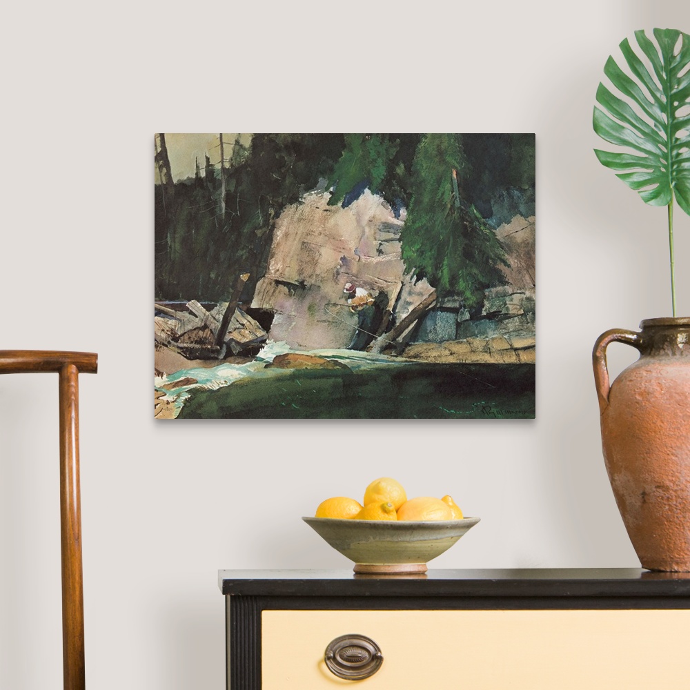 A traditional room featuring Contemporary watercolor painting of a man fishing in a river in the wilderness.