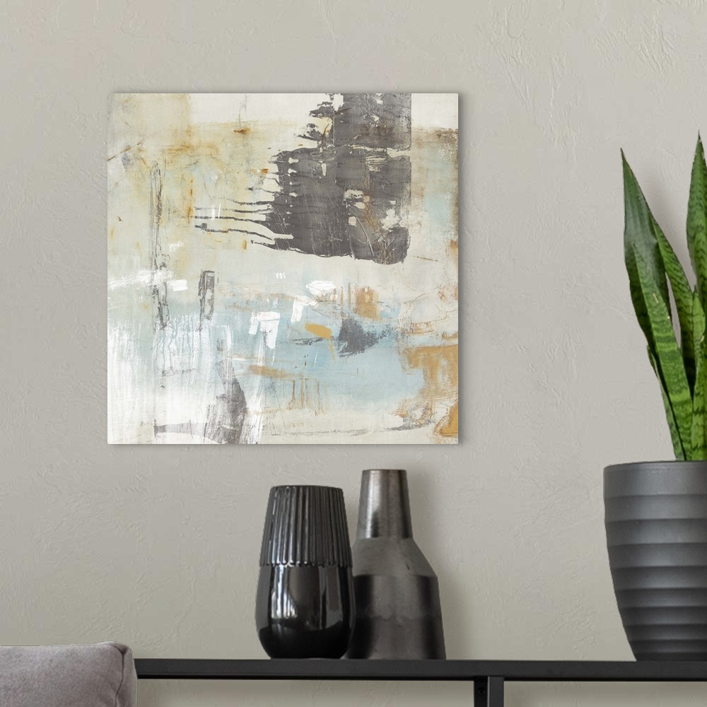 A modern room featuring Abstract painting using soft colors mixed with patterns and textures.