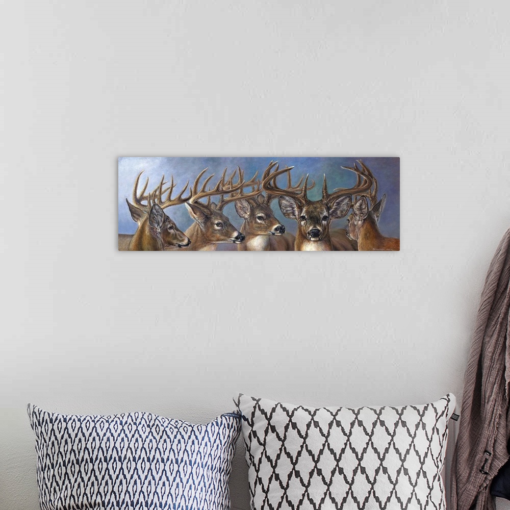 A bohemian room featuring Contemporary painting of five male deer in a row.