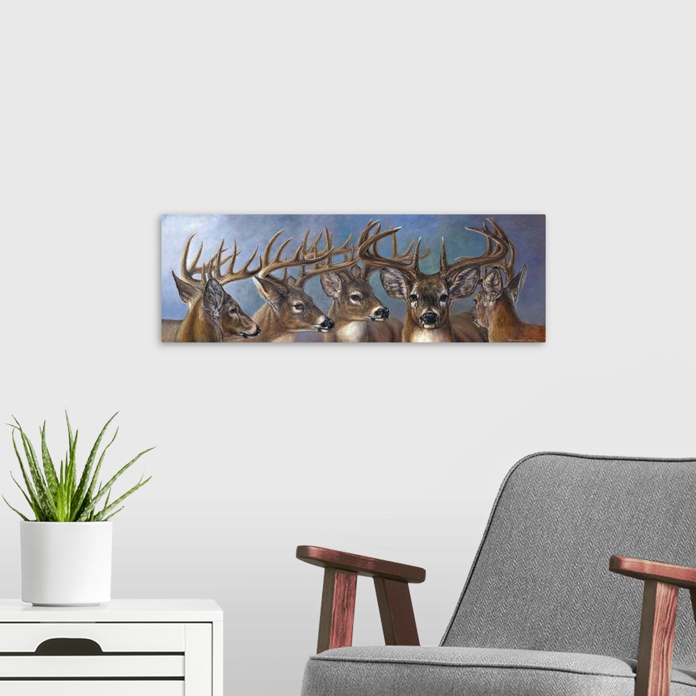A modern room featuring Contemporary painting of five male deer in a row.