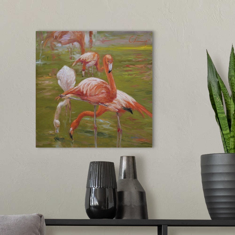 A modern room featuring Painting of a flock of flamingos wading through water.