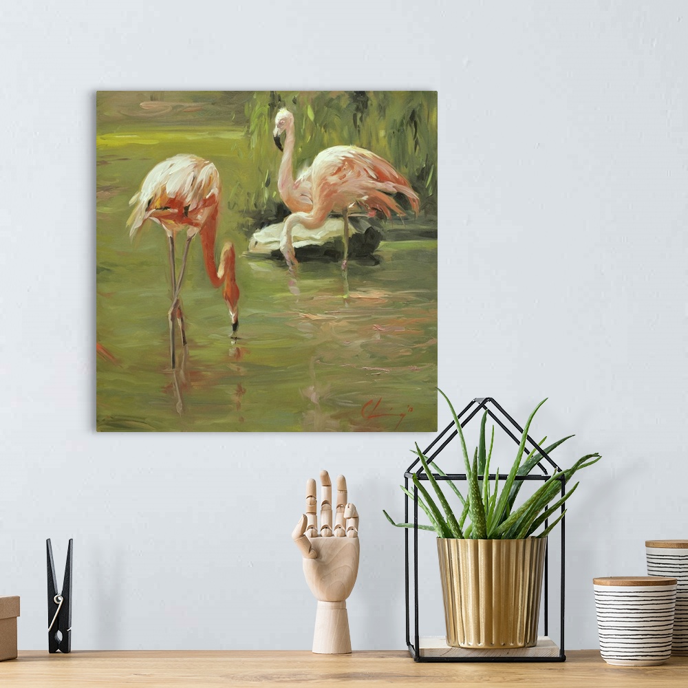A bohemian room featuring Painting of a flock of flamingos wading through water.