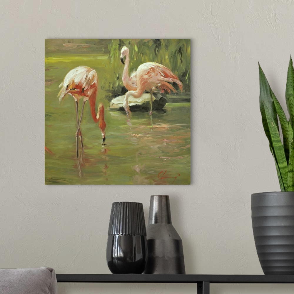 A modern room featuring Painting of a flock of flamingos wading through water.
