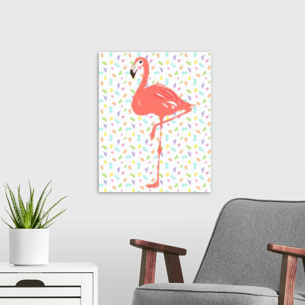 A modern room featuring Flamingo Pixel Party I