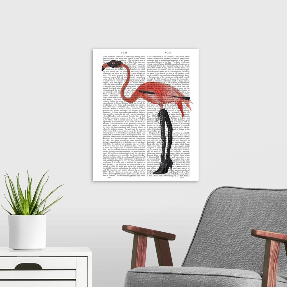 A modern room featuring Decorative art with a flamingo wearing long black boots and a mask painted on the page of a book.