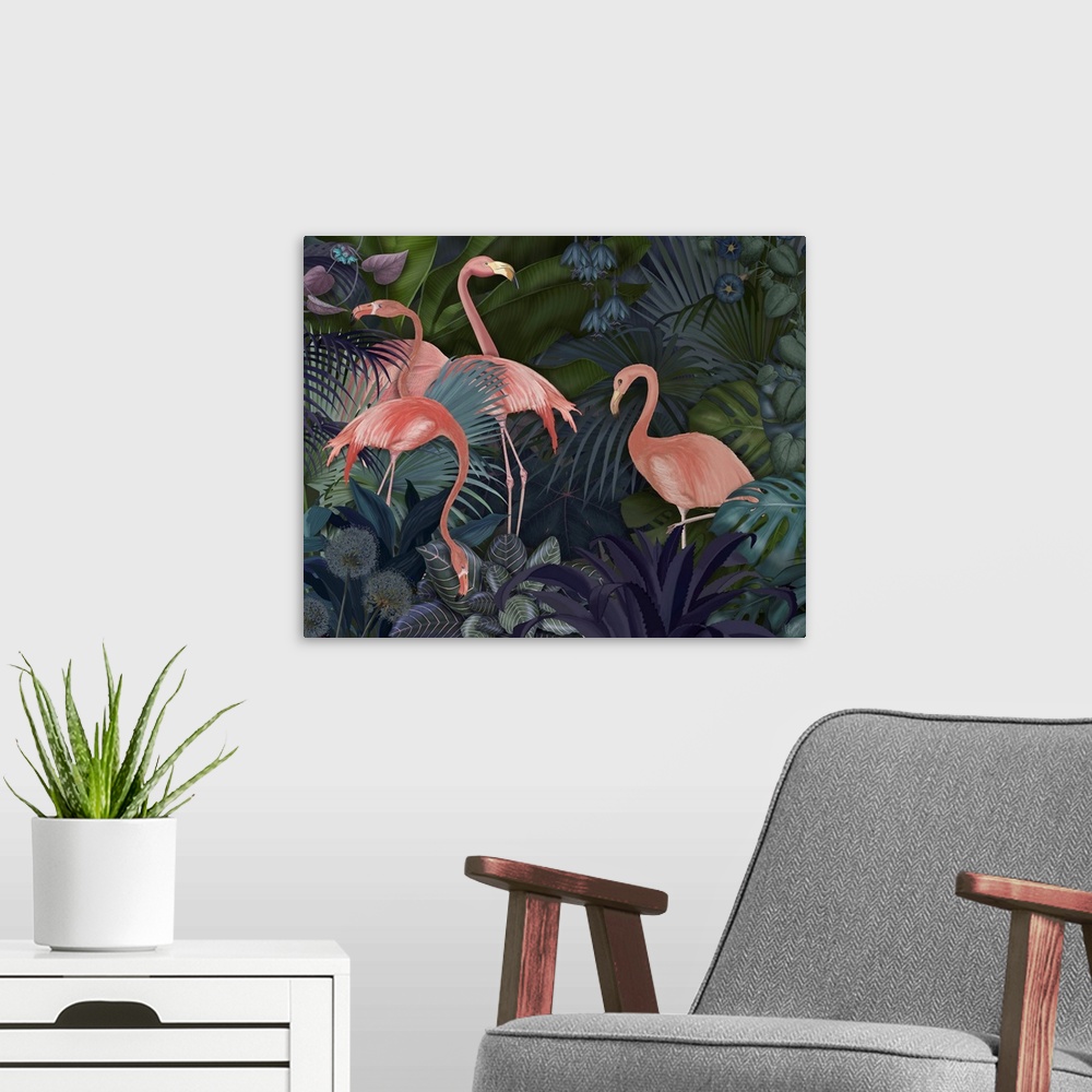 A modern room featuring Flamingos in Blue Garden
