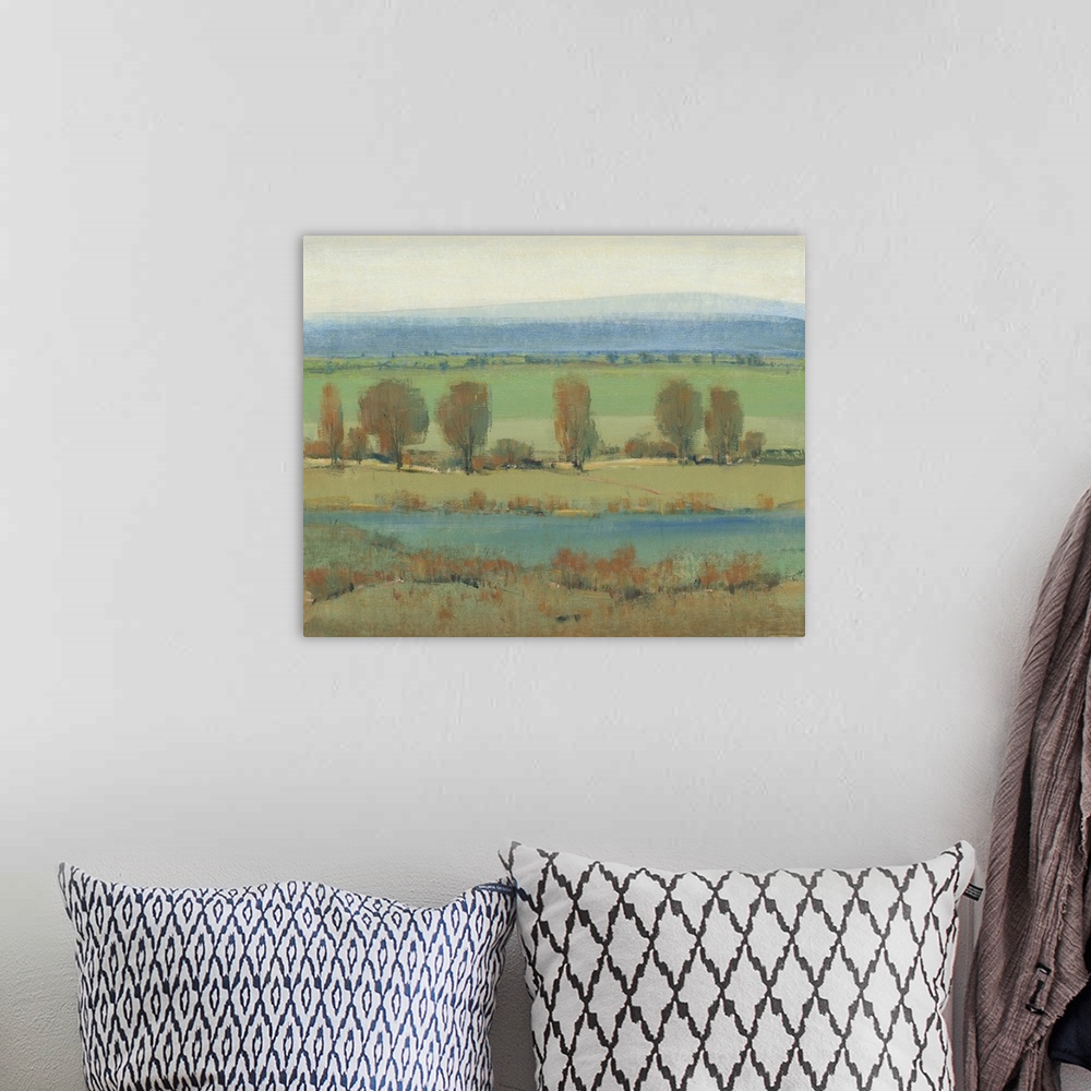 A bohemian room featuring Horizontal brush strokes create this contemporary artwork of a relaxing countryside.