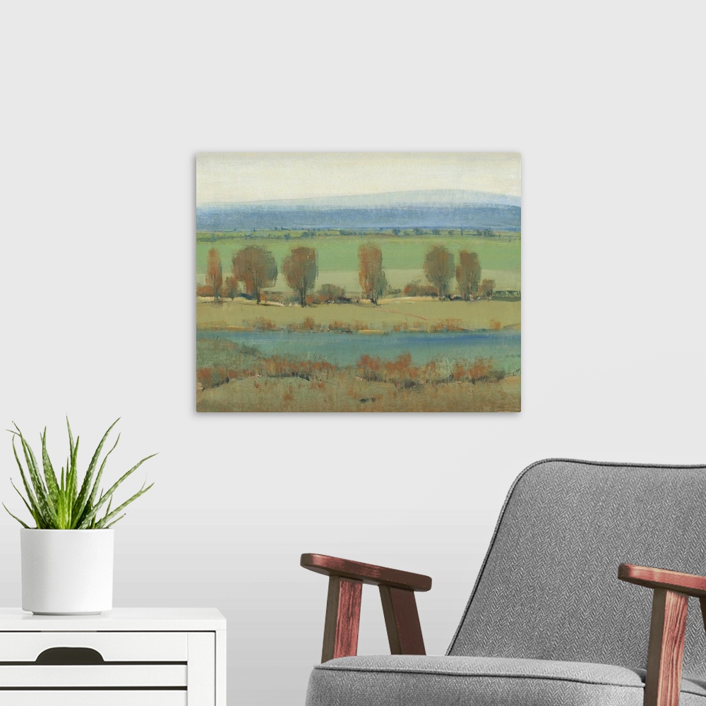 A modern room featuring Horizontal brush strokes create this contemporary artwork of a relaxing countryside.