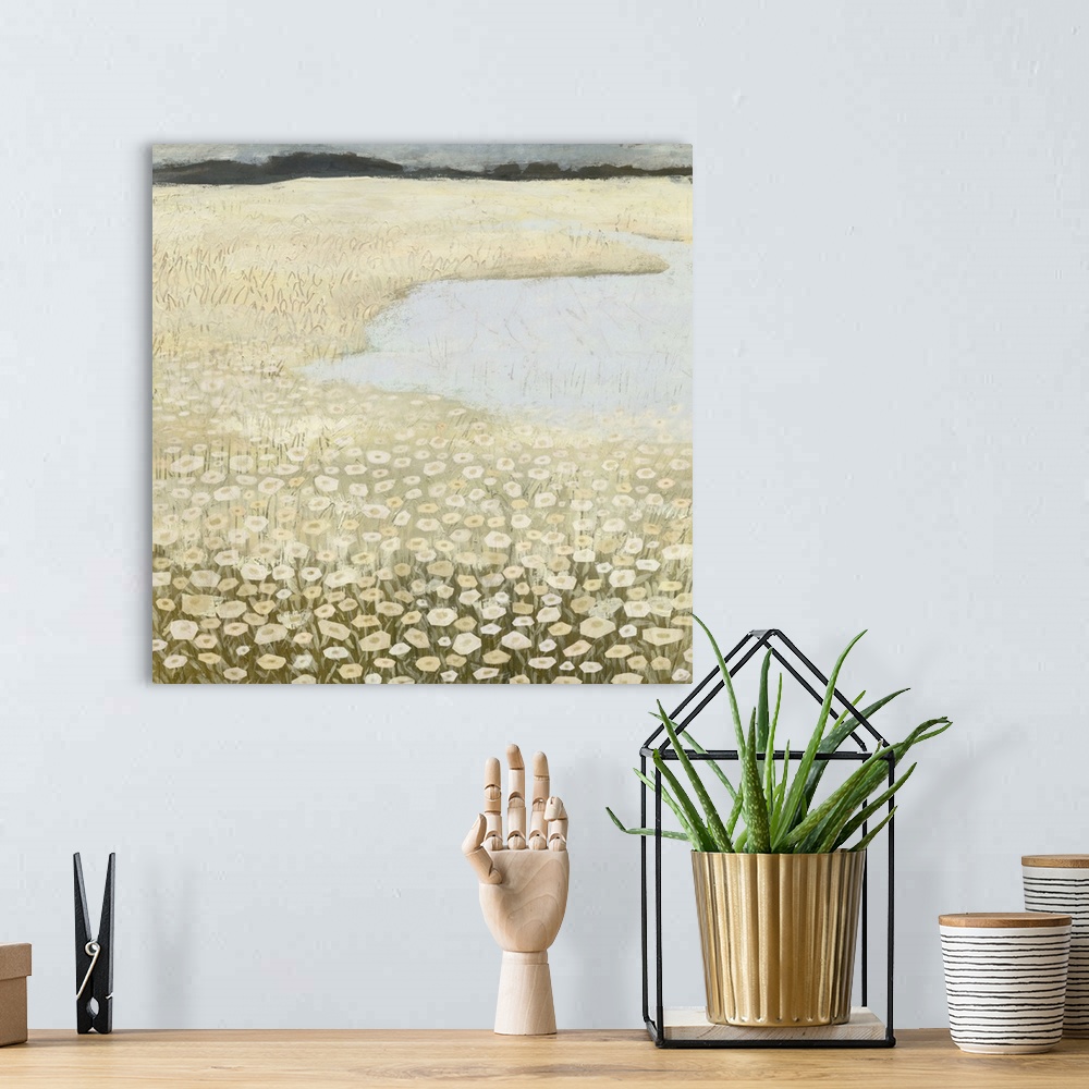 A bohemian room featuring Square contemporary painting of a field of flower surround a lake, all in muted tones.