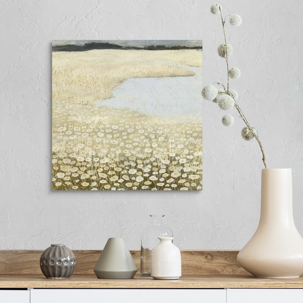 A farmhouse room featuring Square contemporary painting of a field of flower surround a lake, all in muted tones.