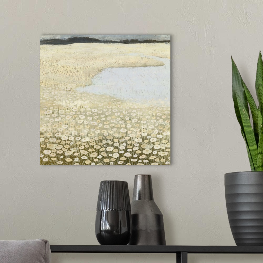 A modern room featuring Square contemporary painting of a field of flower surround a lake, all in muted tones.