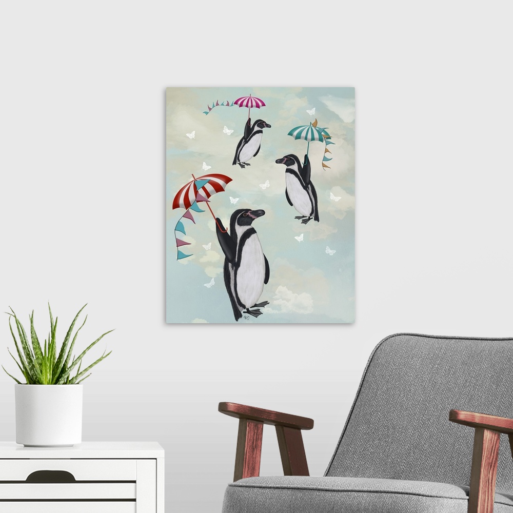 A modern room featuring Floating Penguins