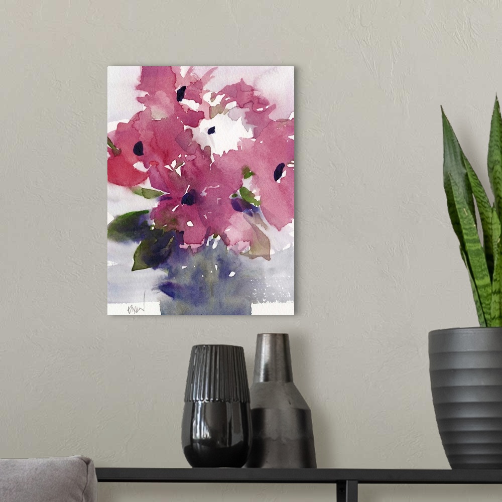 A modern room featuring Contemporary watercolor painting of a vase of maroon flowers.