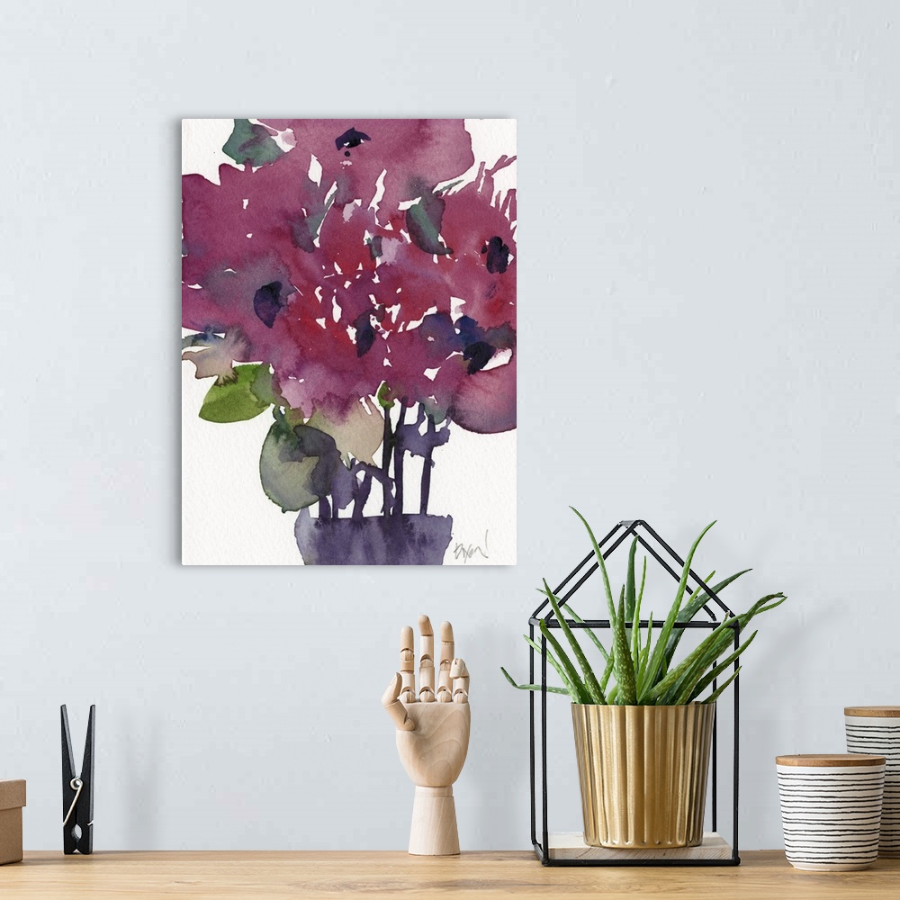 A bohemian room featuring Contemporary watercolor painting of a vase of maroon flowers.