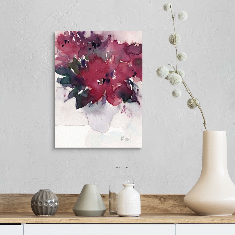 A farmhouse room featuring Contemporary watercolor painting of a vase of maroon flowers.