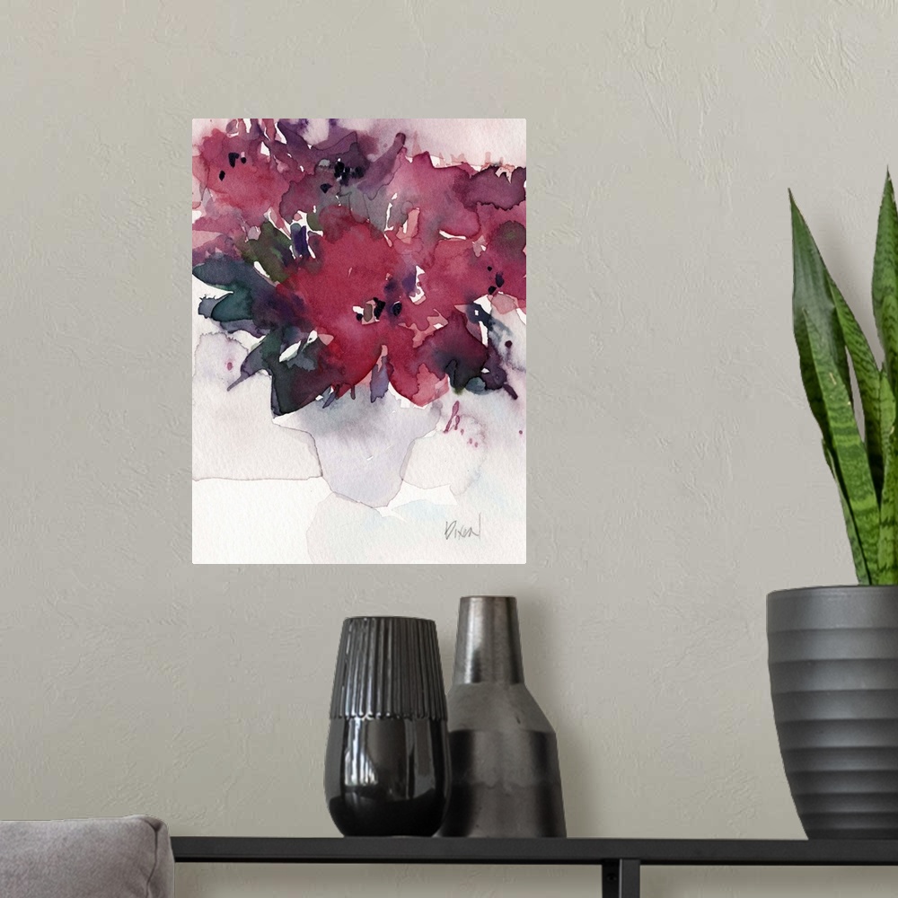 A modern room featuring Contemporary watercolor painting of a vase of maroon flowers.