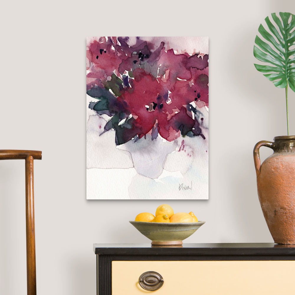 A traditional room featuring Contemporary watercolor painting of a vase of maroon flowers.