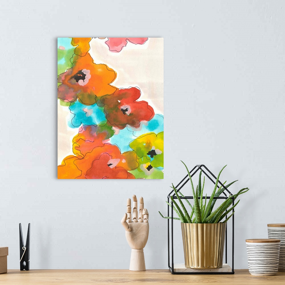 A bohemian room featuring Painting of colorful flowers falling down against a neutral background.