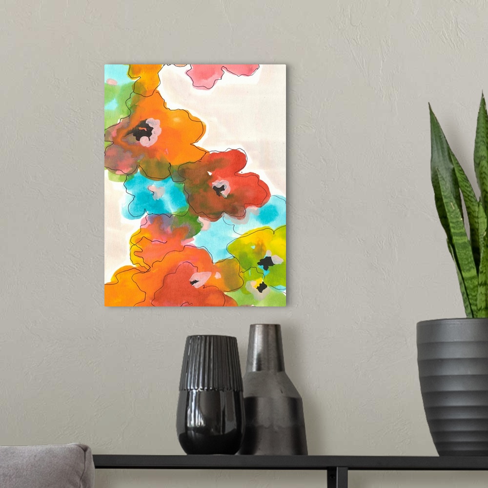 A modern room featuring Painting of colorful flowers falling down against a neutral background.