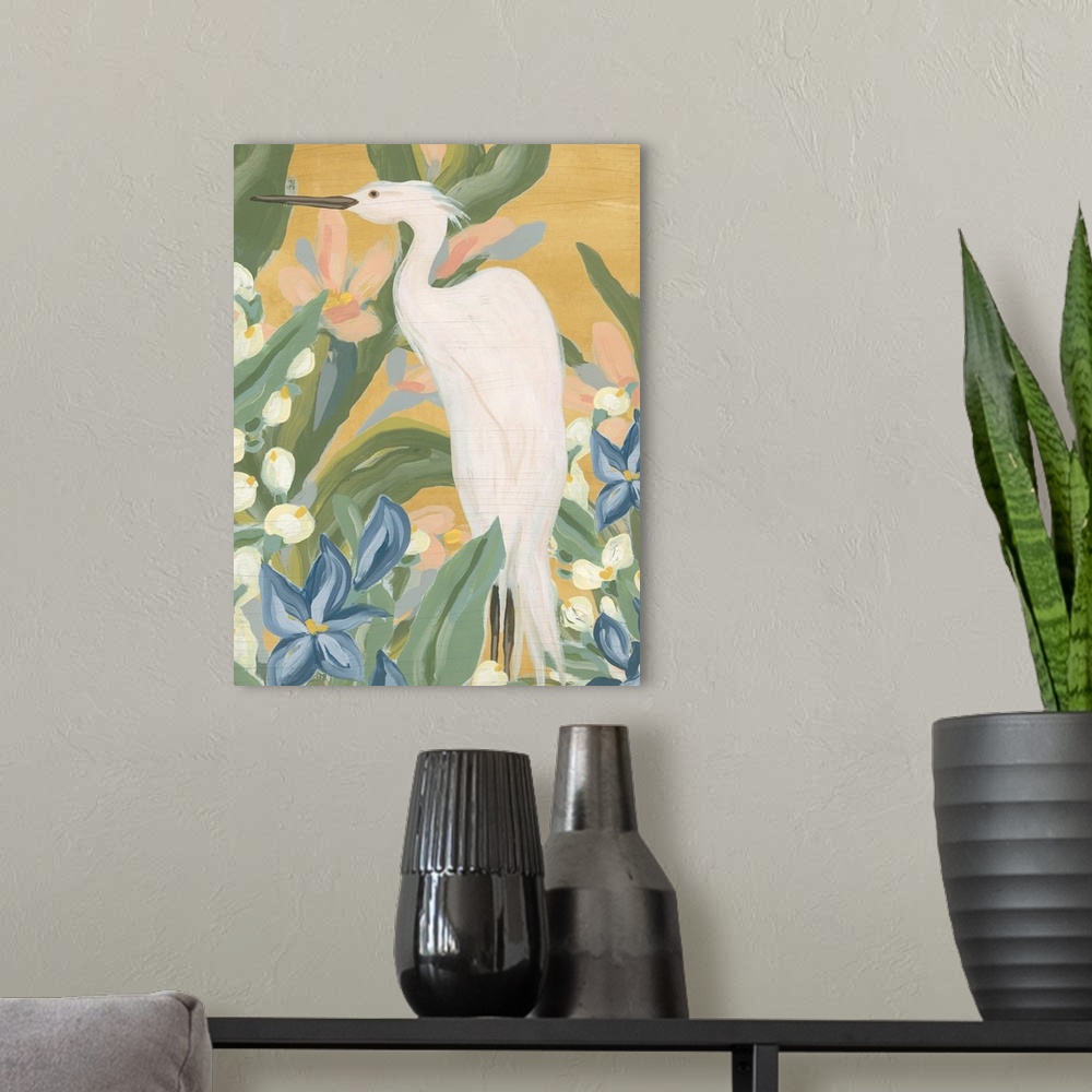 A modern room featuring Floral Egret I
