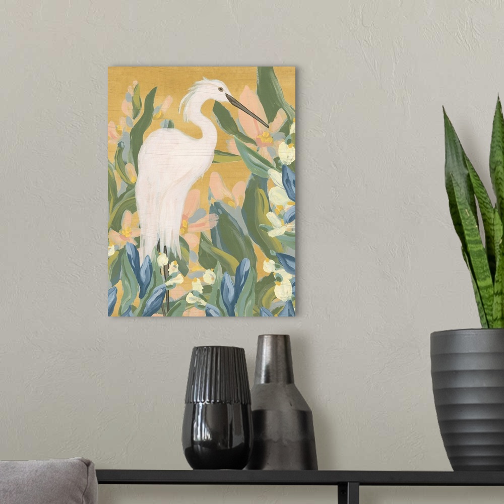 A modern room featuring Floral Egret II
