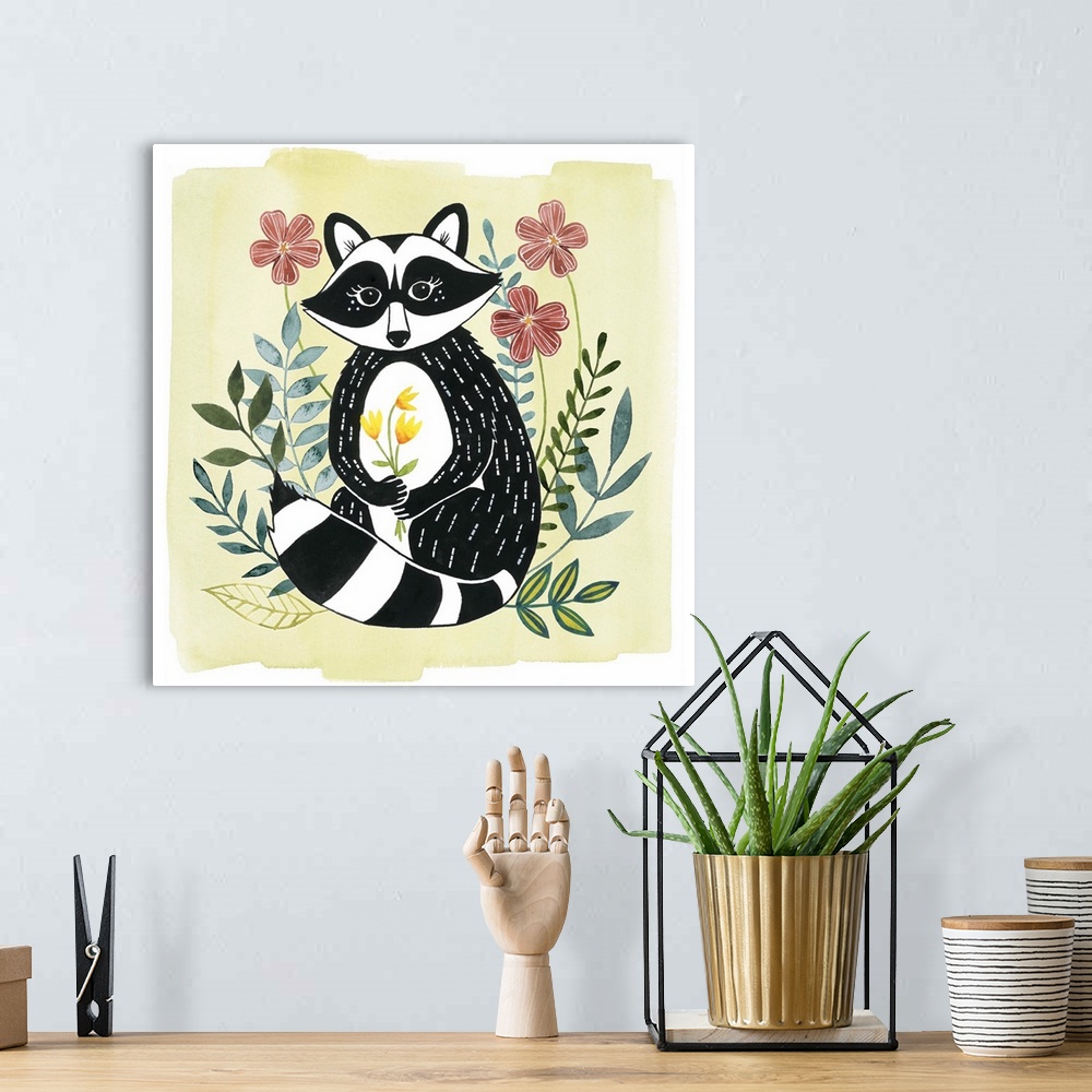 A bohemian room featuring A square decorative design of a black and white raccoon surrounded by flowers on a pale yellow ba...