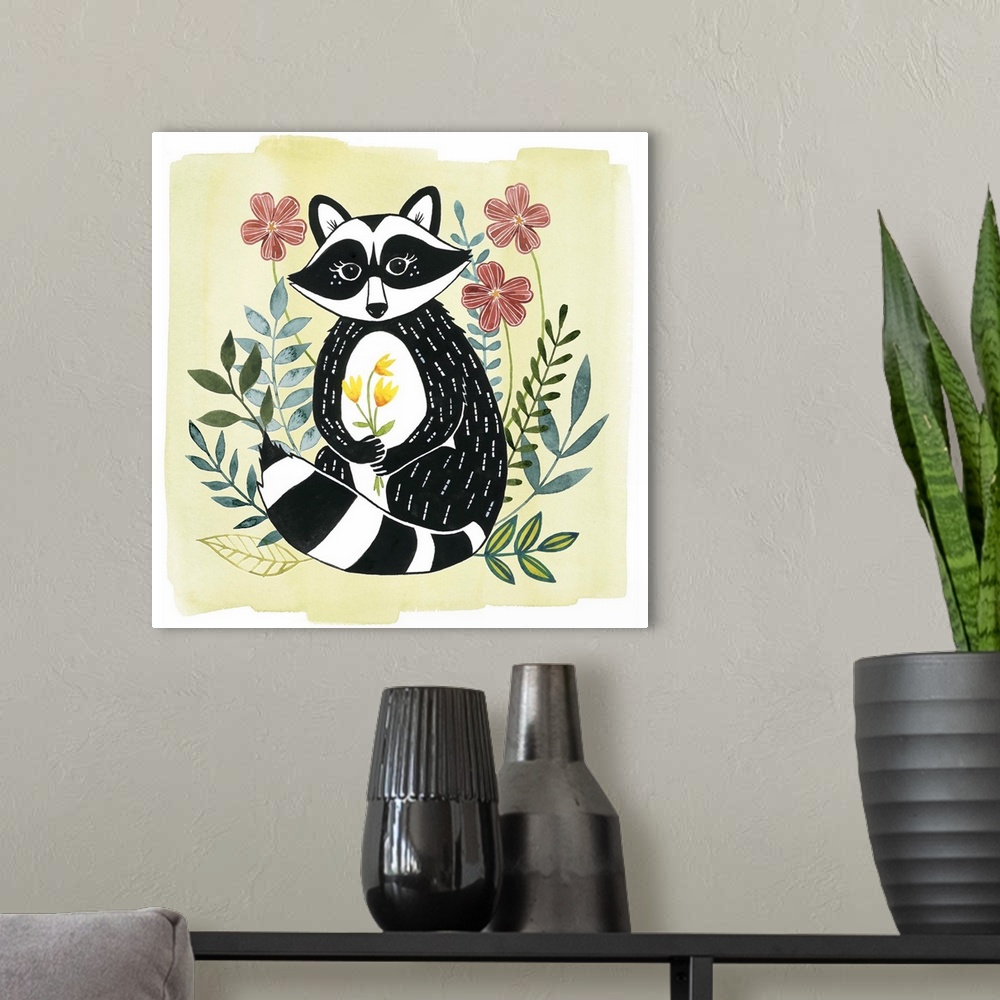 A modern room featuring A square decorative design of a black and white raccoon surrounded by flowers on a pale yellow ba...