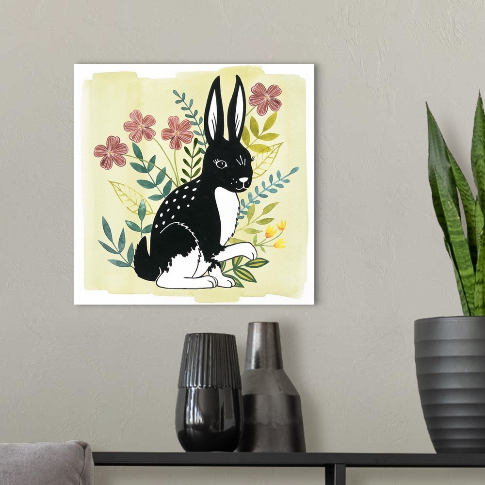 A modern room featuring A square decorative design of a black and white rabbit surrounded by flowers on a pale yellow bac...