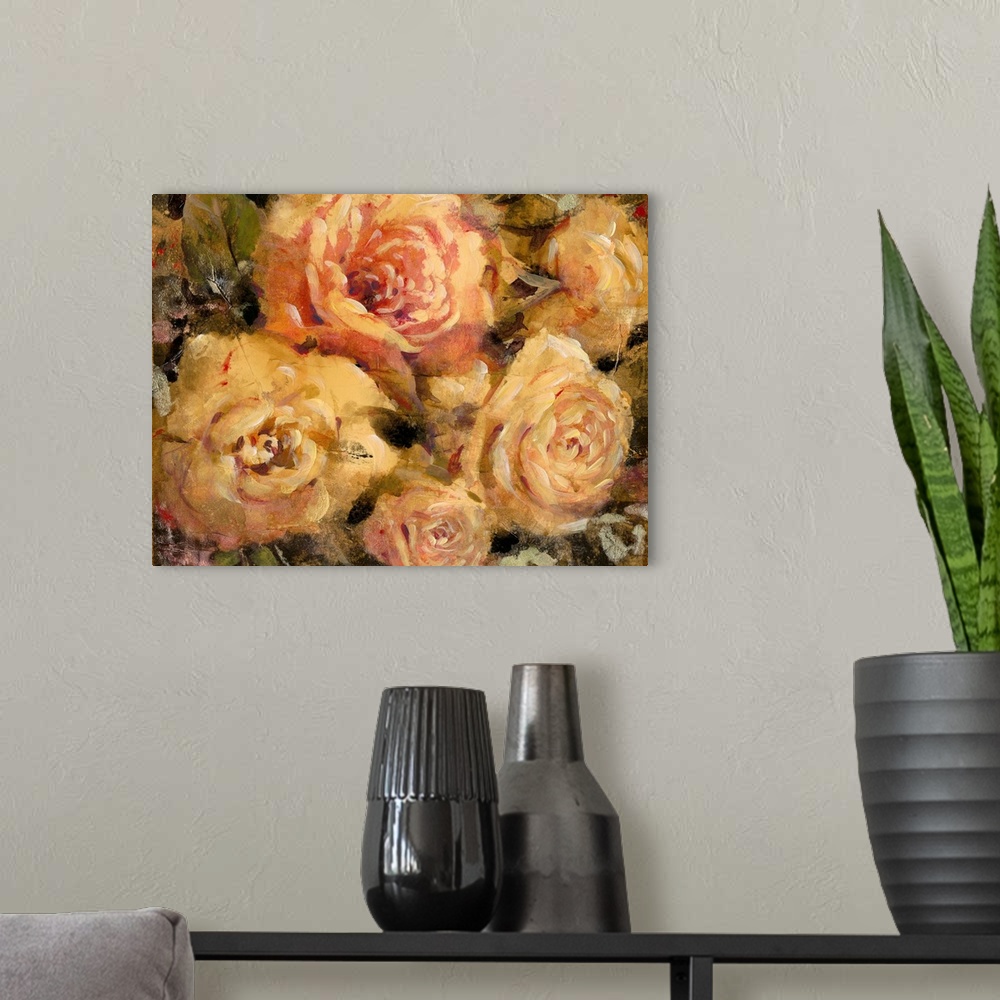 A modern room featuring Contemporary artwork of of roses in bloom, in vintage shades of pink and yellow.