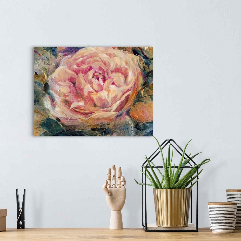 A bohemian room featuring Contemporary painting of a close up of a pale pink flower.