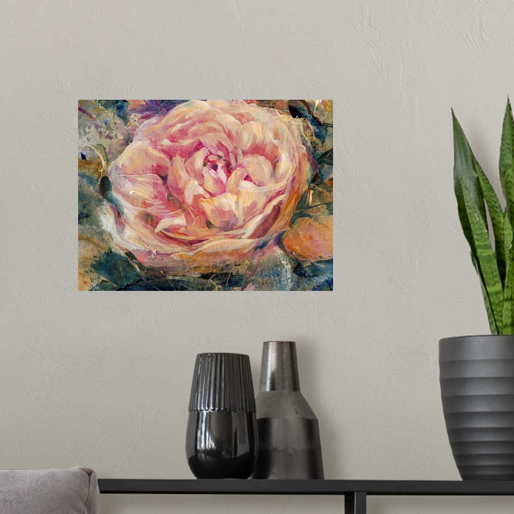 A modern room featuring Contemporary painting of a close up of a pale pink flower.