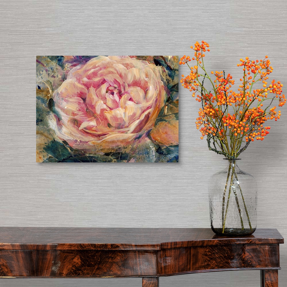 A traditional room featuring Contemporary painting of a close up of a pale pink flower.