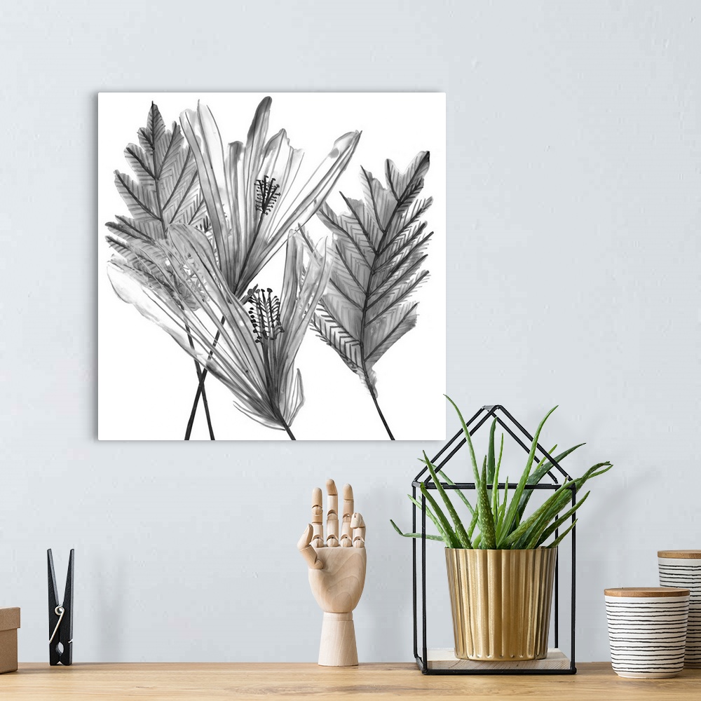 A bohemian room featuring Contemporary line art of flowers and foliage in shades of gray and black.