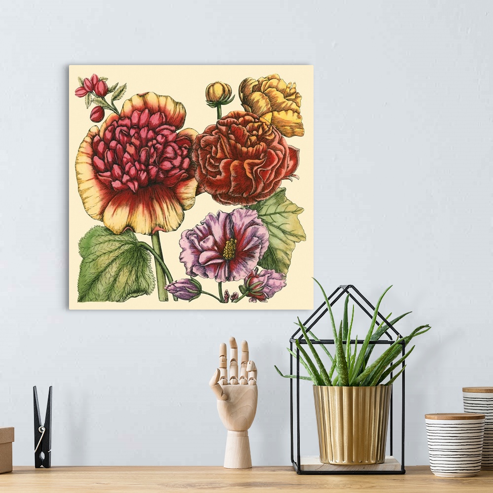 A bohemian room featuring Contemporary artwork of a floral illustration in a vintage style.