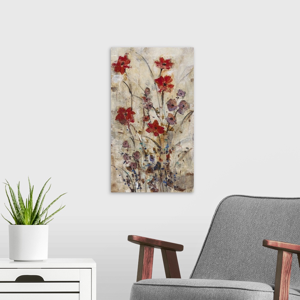 A modern room featuring Painting of a gathering of flowers against a brown background.