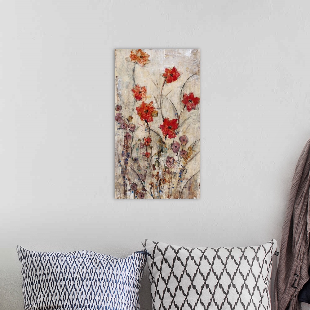 A bohemian room featuring Painting of a gathering of flowers against a brown background.