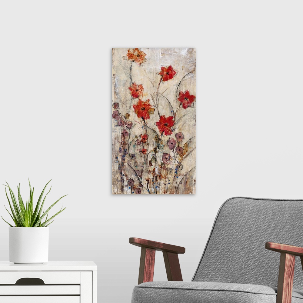 A modern room featuring Painting of a gathering of flowers against a brown background.