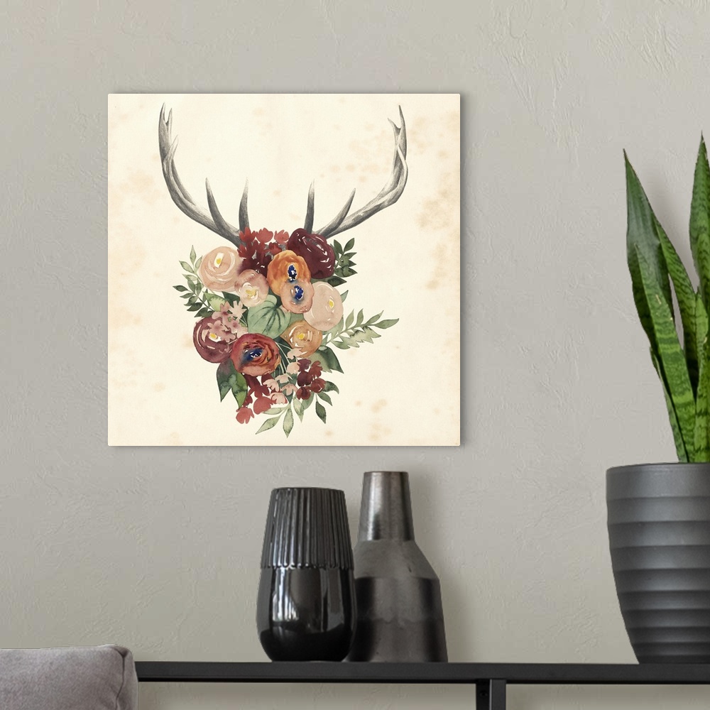A modern room featuring Artwork of a bouquet of flowers with deer antlers.