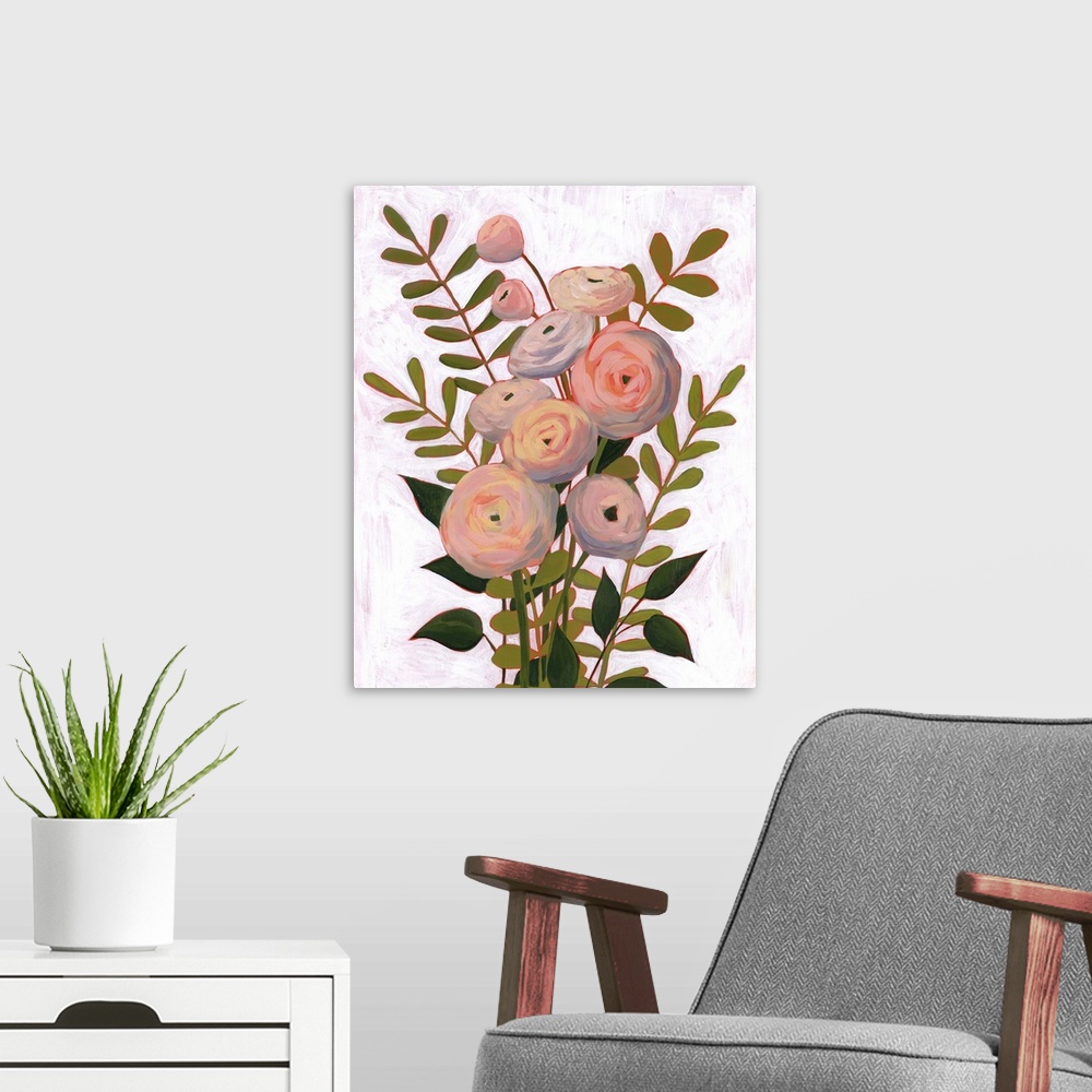 A modern room featuring This whimsical artwork features sprouting blossoms with charming greenery over a textured white a...