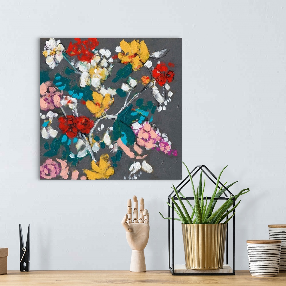 A bohemian room featuring Contemporary painting of a flowers in simple colors.