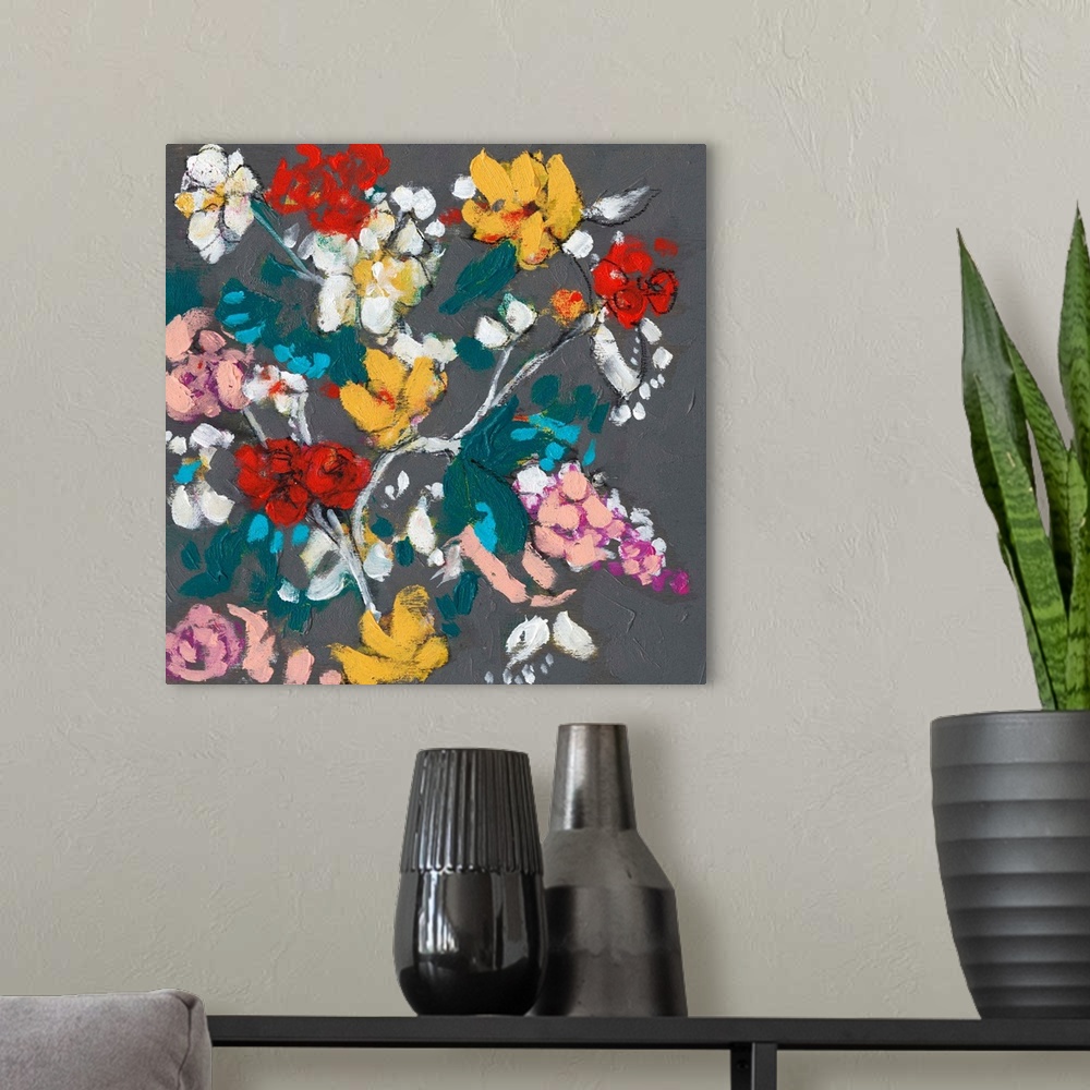 A modern room featuring Contemporary painting of a flowers in simple colors.
