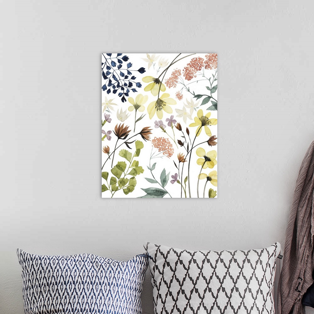A bohemian room featuring Contemporary artwork of a collection of floral elements against a white background.