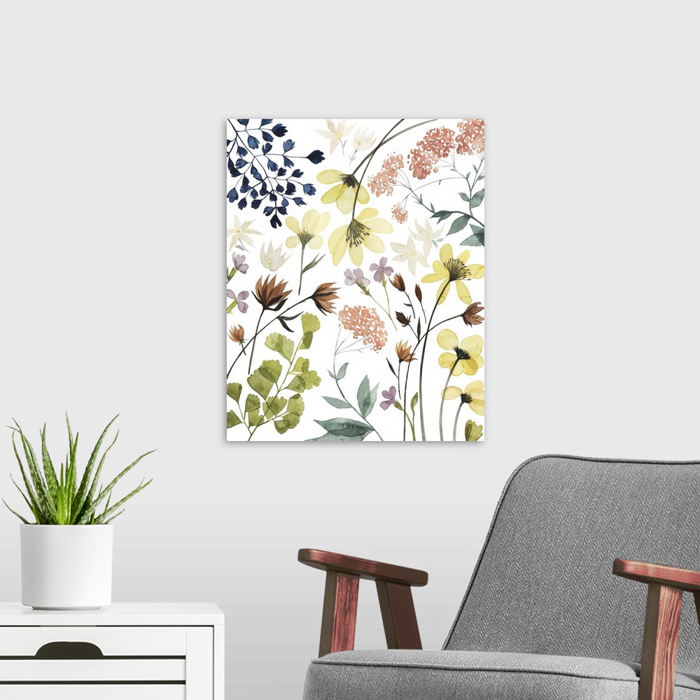 A modern room featuring Contemporary artwork of a collection of floral elements against a white background.