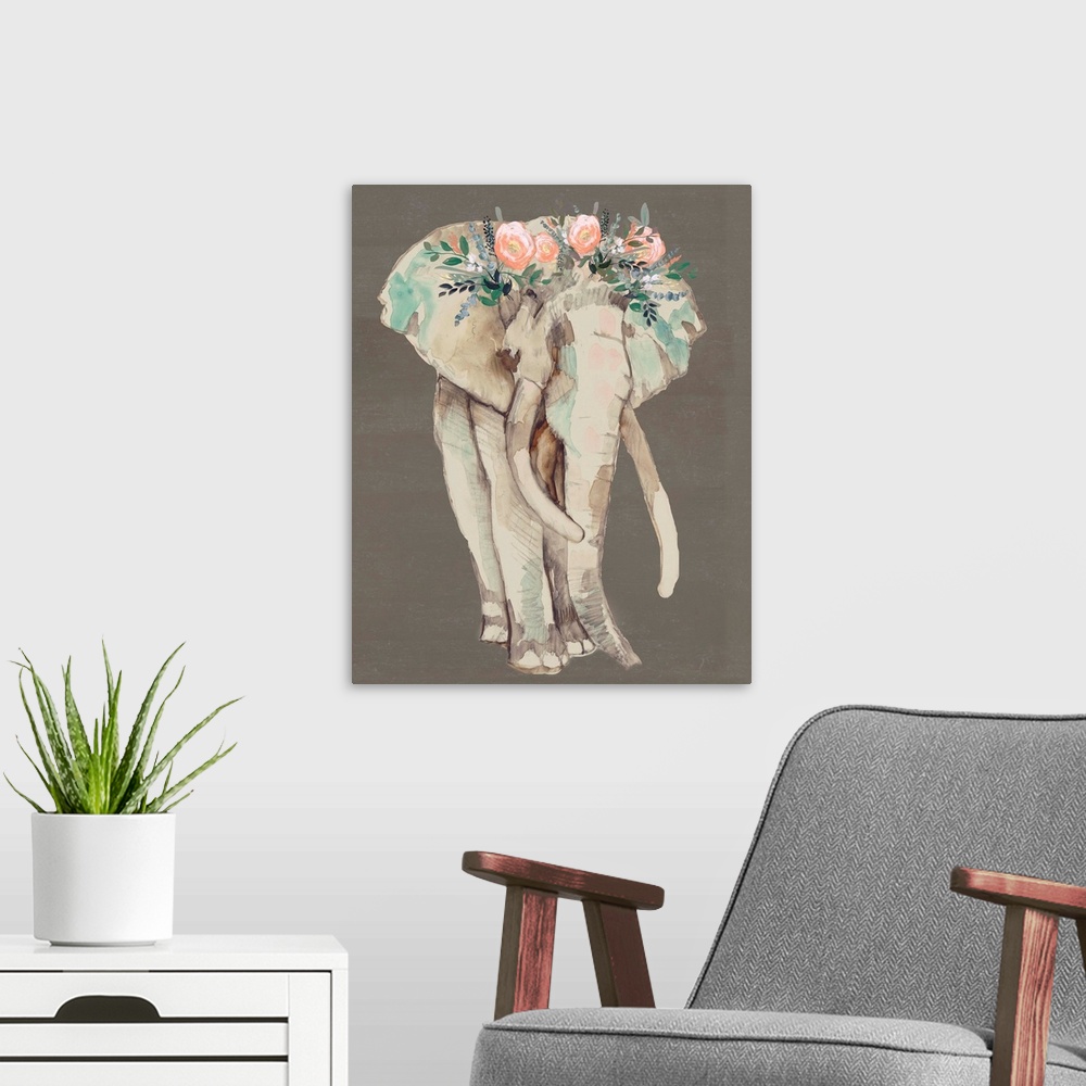 A modern room featuring Flower Crown Elephant I