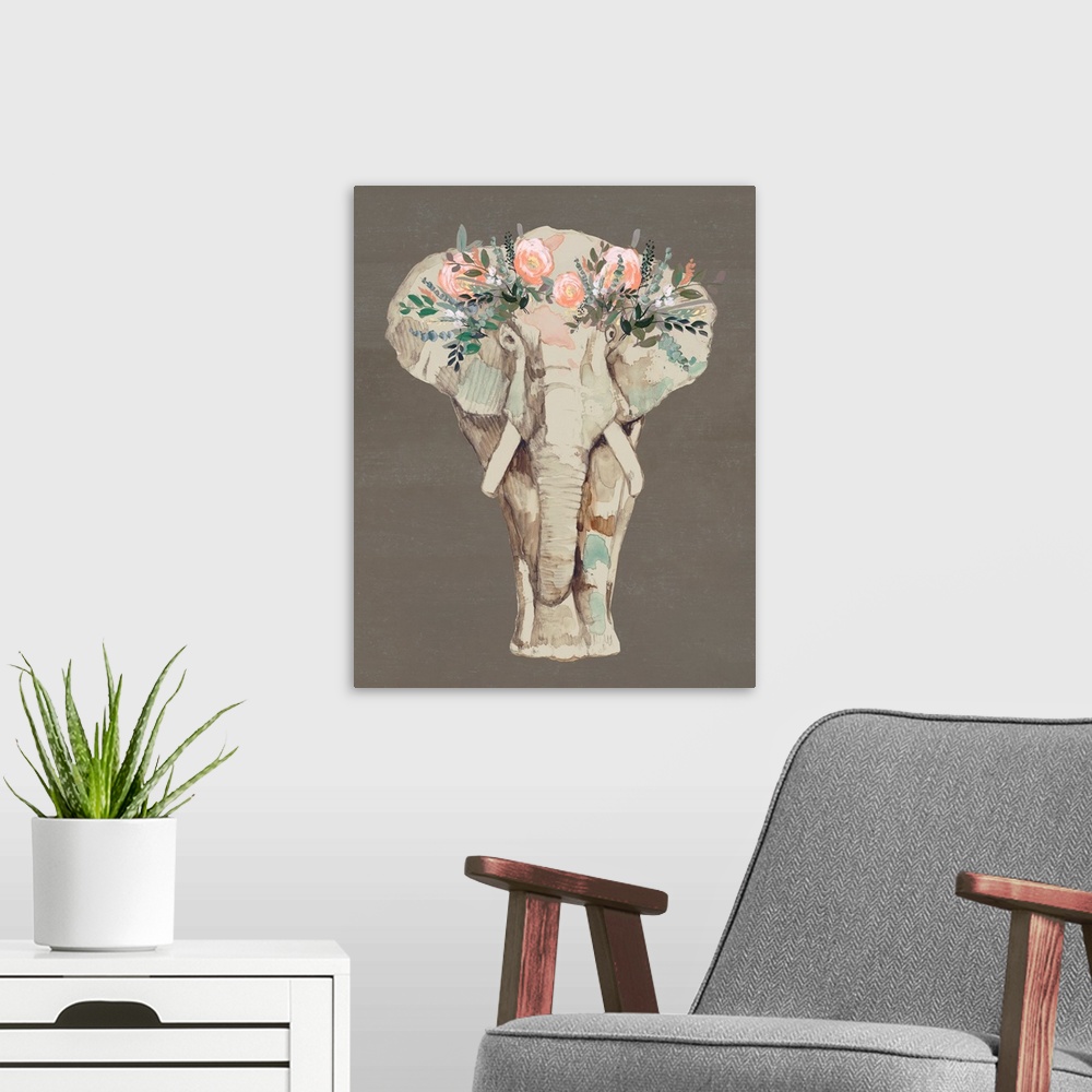 A modern room featuring Flower Crown Elephant II