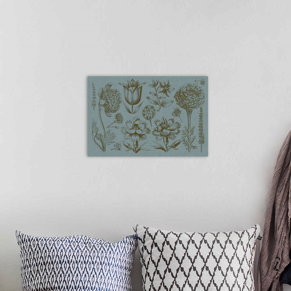 A bohemian room featuring This line illustration has a vintage feeling and features various plants and their blossoms over ...