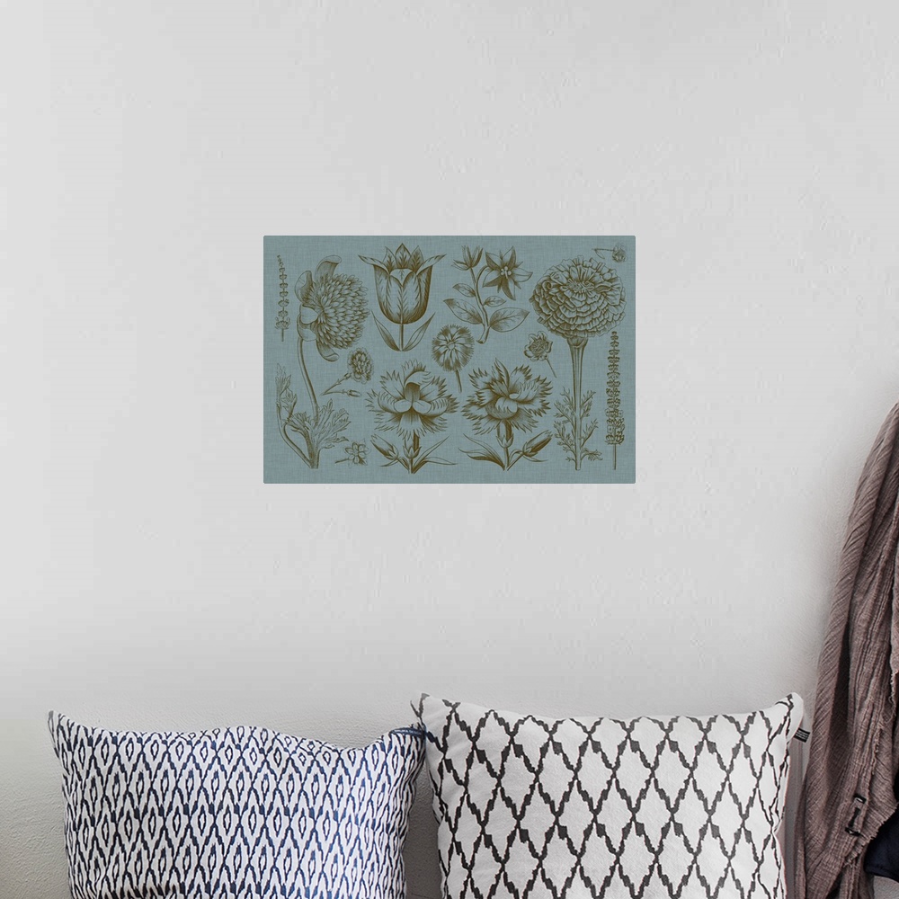 A bohemian room featuring This line illustration has a vintage feeling and features various plants and their blossoms over ...